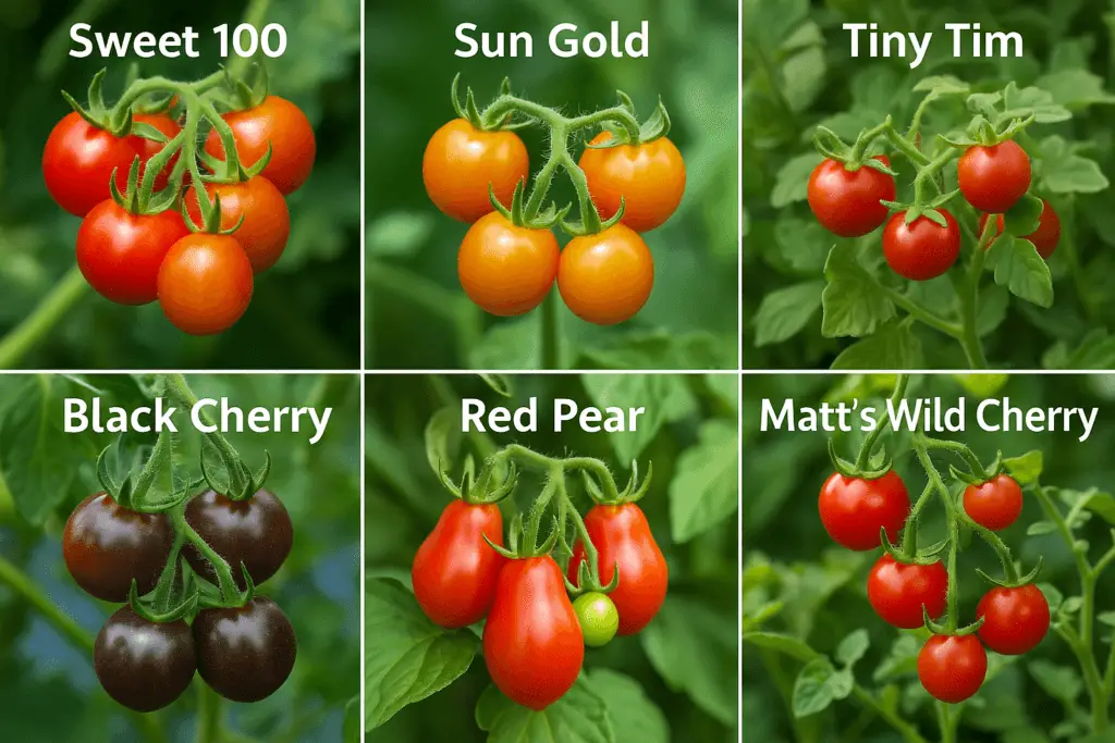 10 Segreti per Coltivare Pomodorini Biologici in Orto e Vaso 1 Collage fotografico con sei varietà di pomodorini ciliegino: Sweet 100, Sun Gold, Tiny Tim, Black Cherry, Red Pear e Matt’s Wild Cherry, ognuna etichettata con il proprio nome su sfondo verde naturale.