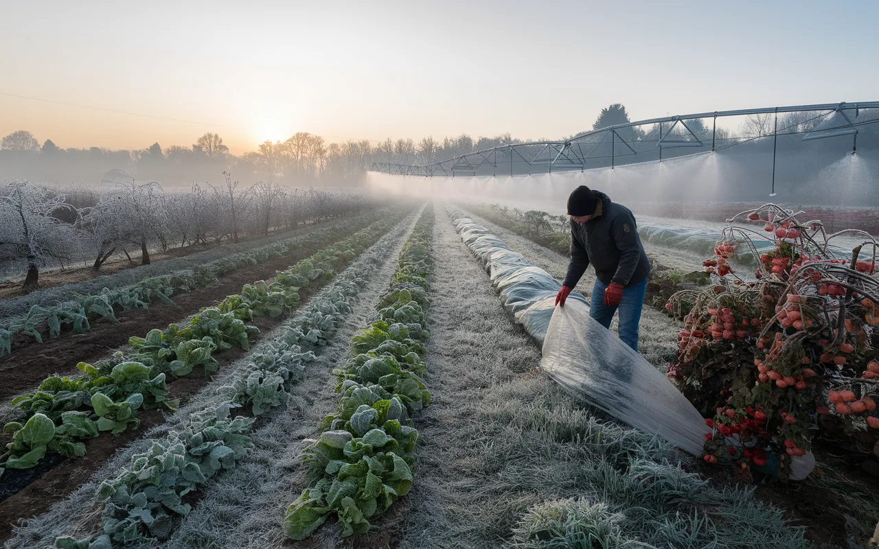 Come Proteggere Le Colture Dalle Gelate Tardive: un agricoltore copre le piante con teli antigelo in un campo ghiacciato all’alba, mentre il sistema di irrigazione soprachioma rilascia una leggera nebbia per proteggere il raccolto dal freddo intenso.