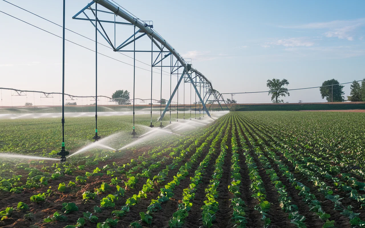 Un moderno sistema di irrigazione automatizzata in un vasto campo coltivato, con sensori di umidità e irrigatori che ottimizzano il consumo d’acqua