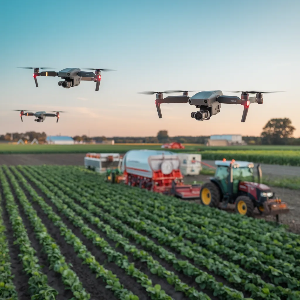 Droni agricoli ad alta tecnologia che irrigano un campo coltivato, ottimizzando l'uso dell'acqua con tecniche di agricoltura di precisione.