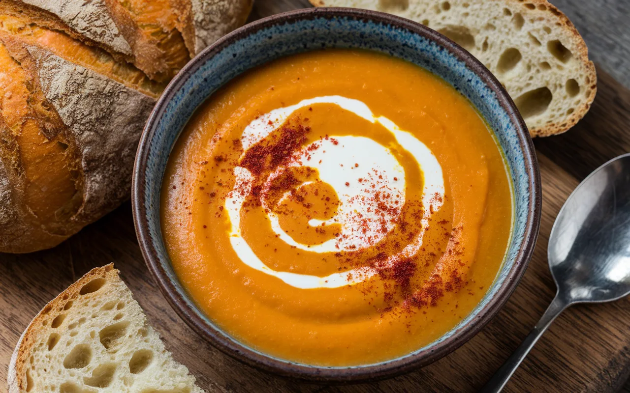 Ciotola di corba di zucca turca con yogurt e spezie, accompagnata da fette di pane rustico.