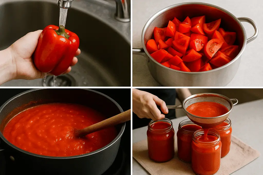 Ricetta Biber Salcasi: Come Fare la Salsa di Peperoni Turca 2 Collage che mostra tutte le fasi per preparare il biber salcasi fatto in casa: lavaggio dei peperoni interi, taglio e cottura di peperoni e pomodori, cottura della salsa, filtraggio e travaso nei barattoli per la conservazione.