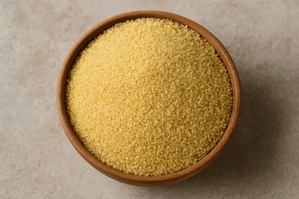 Kisir: Piatto Turco Con Bulgur e Verdure di Stagione 2 Ciotola in legno colma di bulgur fine su fondo neutro, vista dall’alto.
