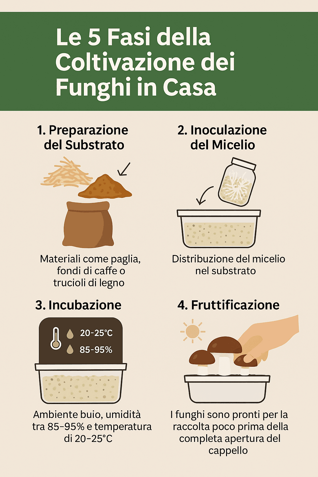 Come Coltivare Funghi in Casa in Modo Semplice e Sicuro 1 Infografica in italiano sulle 5 fasi della coltivazione dei funghi in casa: preparazione del substrato, inoculazione, incubazione, fruttificazione e raccolta.