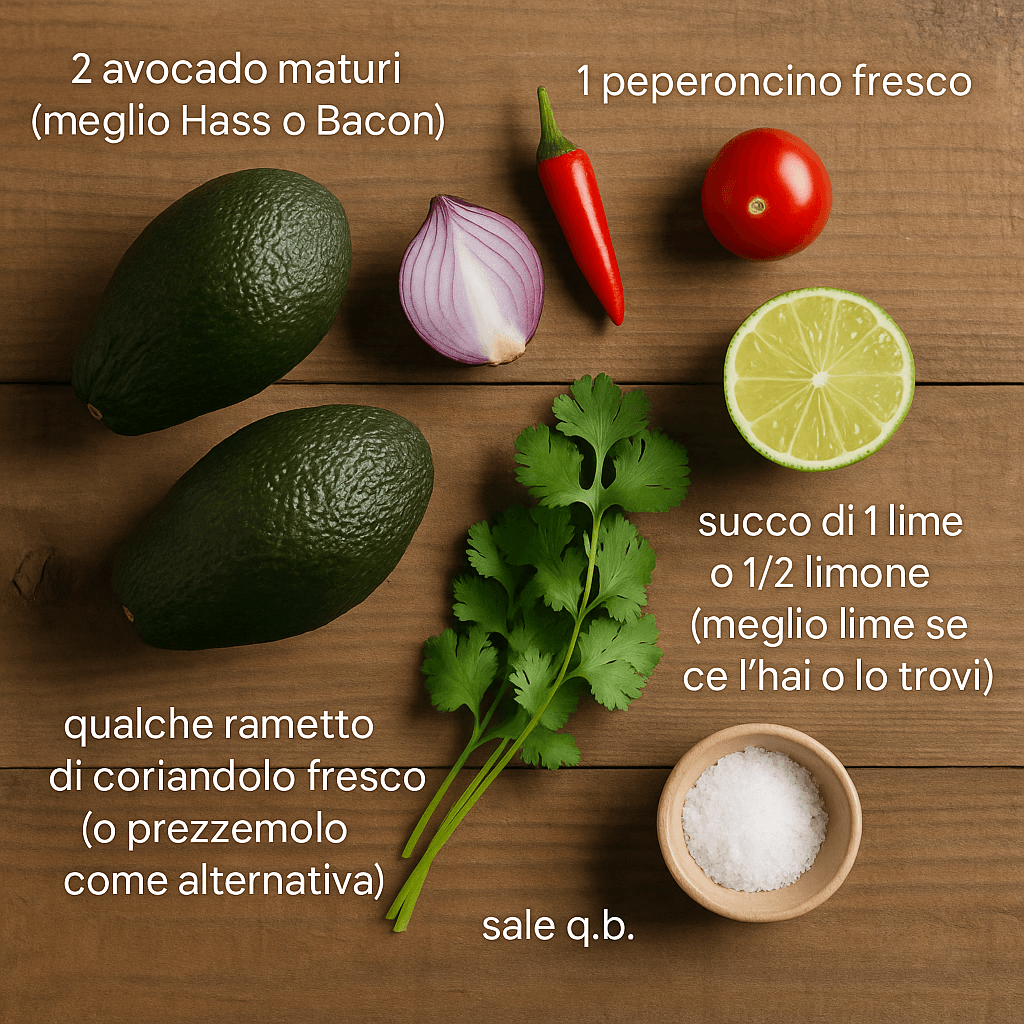 Ricetta Guacamole Messicano con Avocado e Ortaggi di Casa 1 Ingredienti freschi per guacamole su tavolo rustico: due avocado maturi varietà Hass o Bacon, mezza cipolla rossa, un peperoncino fresco, un pomodoro piccolo, mezzo lime tagliato, qualche rametto di coriandolo fresco (o prezzemolo) e una ciotolina di sale.
