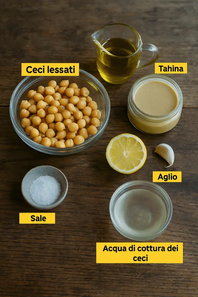 Hummus di Ceci Fatto in Casa: Ricetta Facile e Cremosa 1 Ingredienti per hummus di ceci disposti su un tavolo rustico: ceci lessati, tahina, mezzo limone, spicchio d'aglio, olio extravergine d'oliva, sale e acqua di cottura