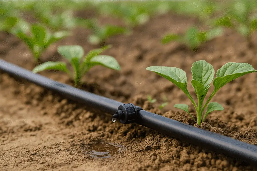 Impianto Microirrigazione: Vantaggi, Costi, Errori Tipici 1 Impianto di microirrigazione a goccia su orto: tubo in polietilene con gocciolatore che rilascia acqua vicino alla pianta, terreno bagnato in modo preciso