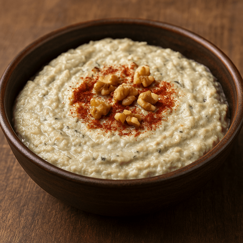 Ricetta Turca Koz Patlican Salatasi con melanzane affumicate 4 Insalata turca di melanzane affumicate con yogurt, servita in una ciotola decorata con olio extravergine d’oliva, paprika dolce e noci tritate