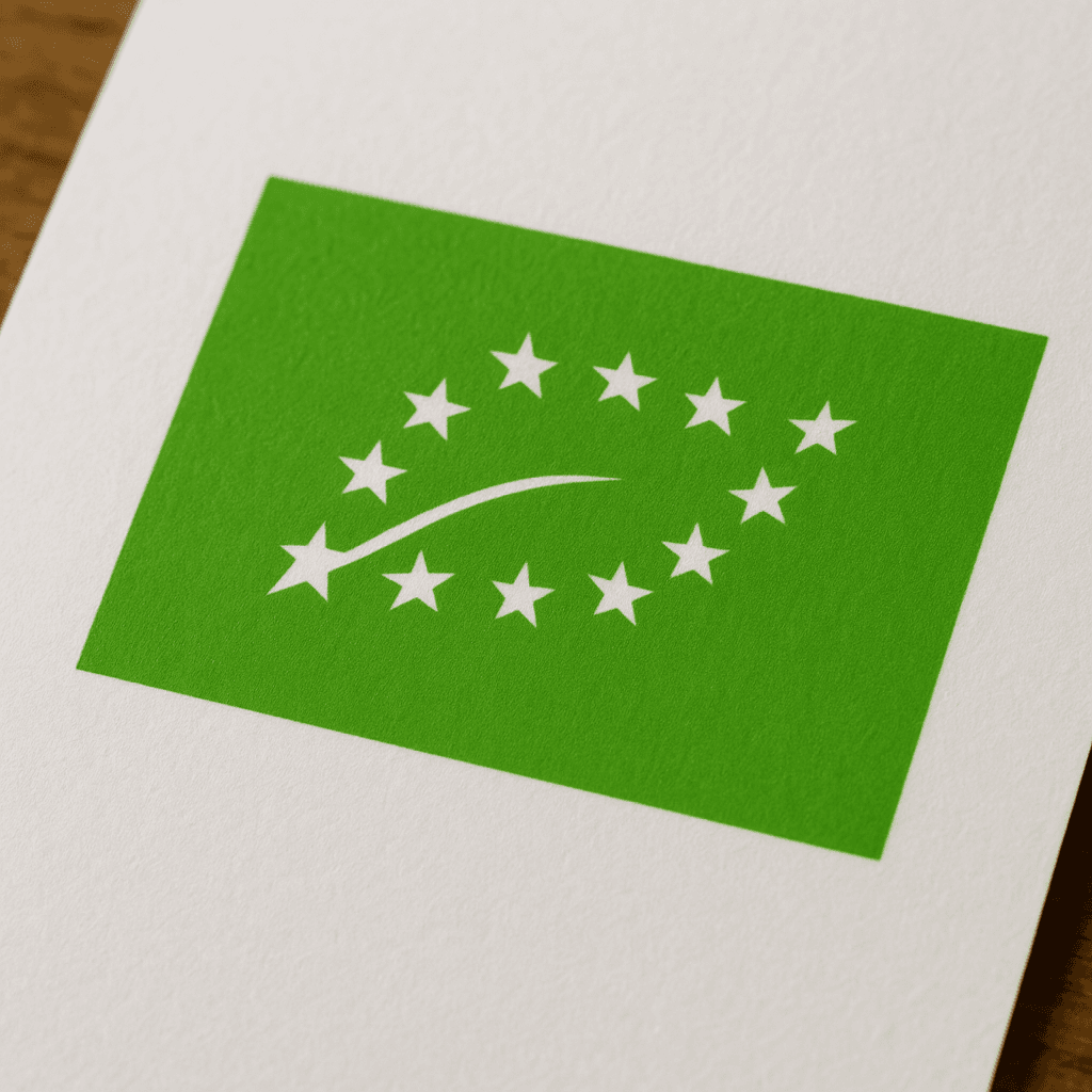 Certificazione Biologica: Requisiti, Costi e Come Ottenerla 1 Simbolo del Marchio biologico europeo, con foglia verde a forma di stella e simboli UE, rappresentazione ufficiale della certificazione bio.