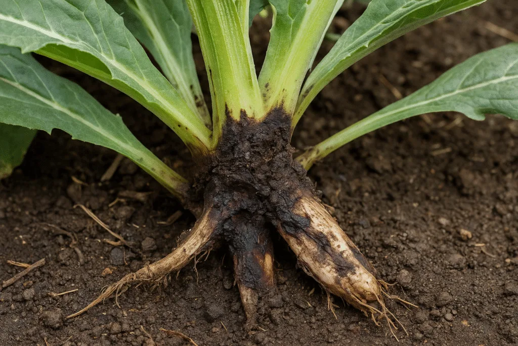 Coltivare Carciofi in Orto o in Vaso: Guida Completa 13 Marciume radicale su pianta di carciofo con base scurita e radici danneggiate visibilmente in decomposizione – sintomo di ristagno idrico nel terreno