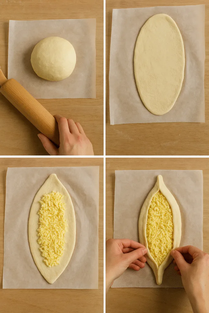 Pide al Formaggio: Ricetta Focaccia Turca Originale 3 Ecco come preparo la pide al formaggio a casa: parto dalla pallina d’impasto, la stendo su carta forno con il mattarello, poi distribuisco il formaggio lasciando sempre un po’ di bordo, e chiudo a barchetta pizzicando le estremità.