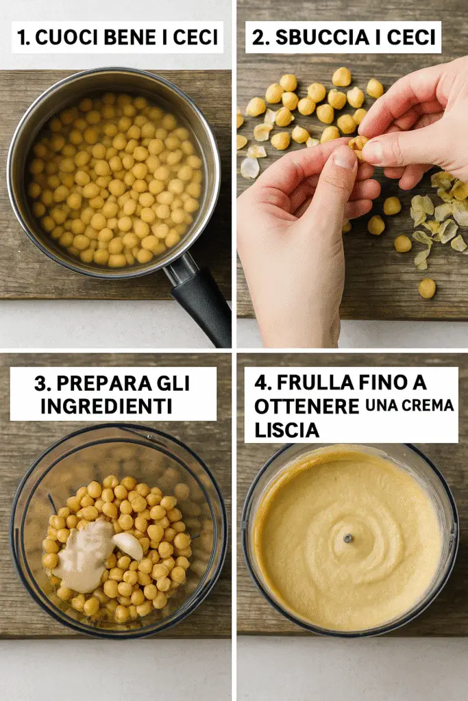 Hummus di Ceci Fatto in Casa: Ricetta Facile e Cremosa 2 Collage di immagini che mostrano i passaggi per preparare hummus di ceci: ammollo e cottura dei ceci, rimozione della pellicina, preparazione degli ingredienti nel frullatore, frullatura fino a ottenere una crema liscia