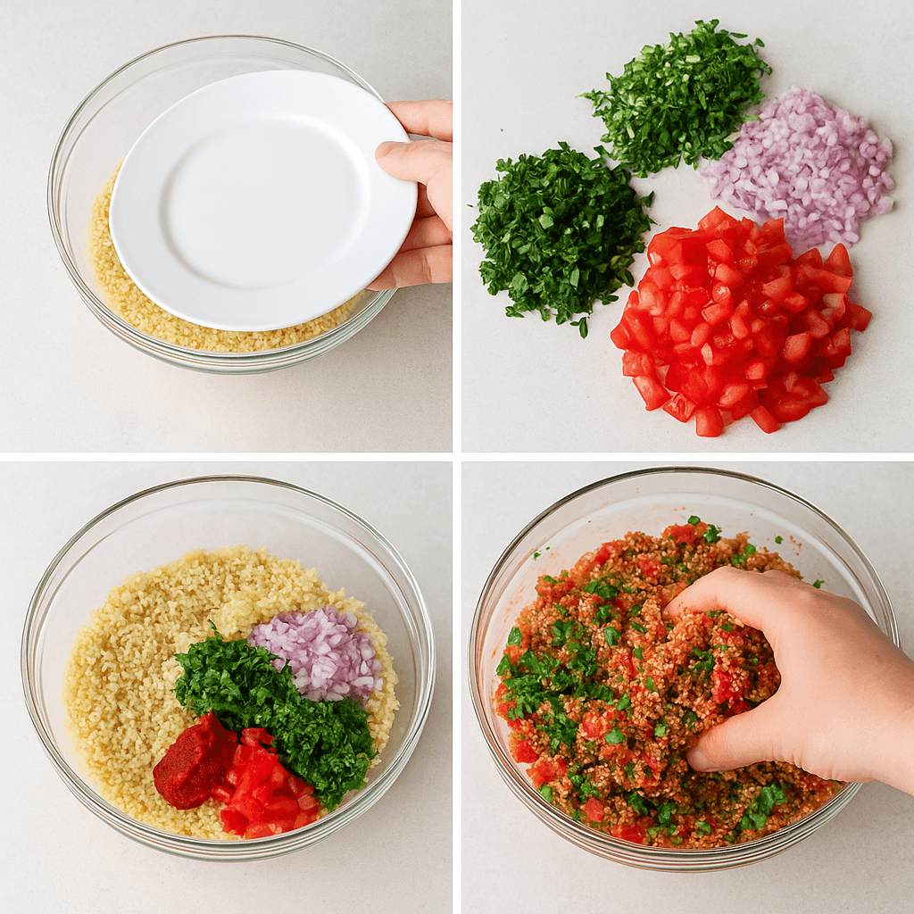 Kisir: Piatto Turco Con Bulgur e Verdure di Stagione 3 Collage di quattro foto che mostrano la preparazione del kisir: idratazione del bulgur, verdure tritate, aggiunta dei condimenti e amalgama a mano