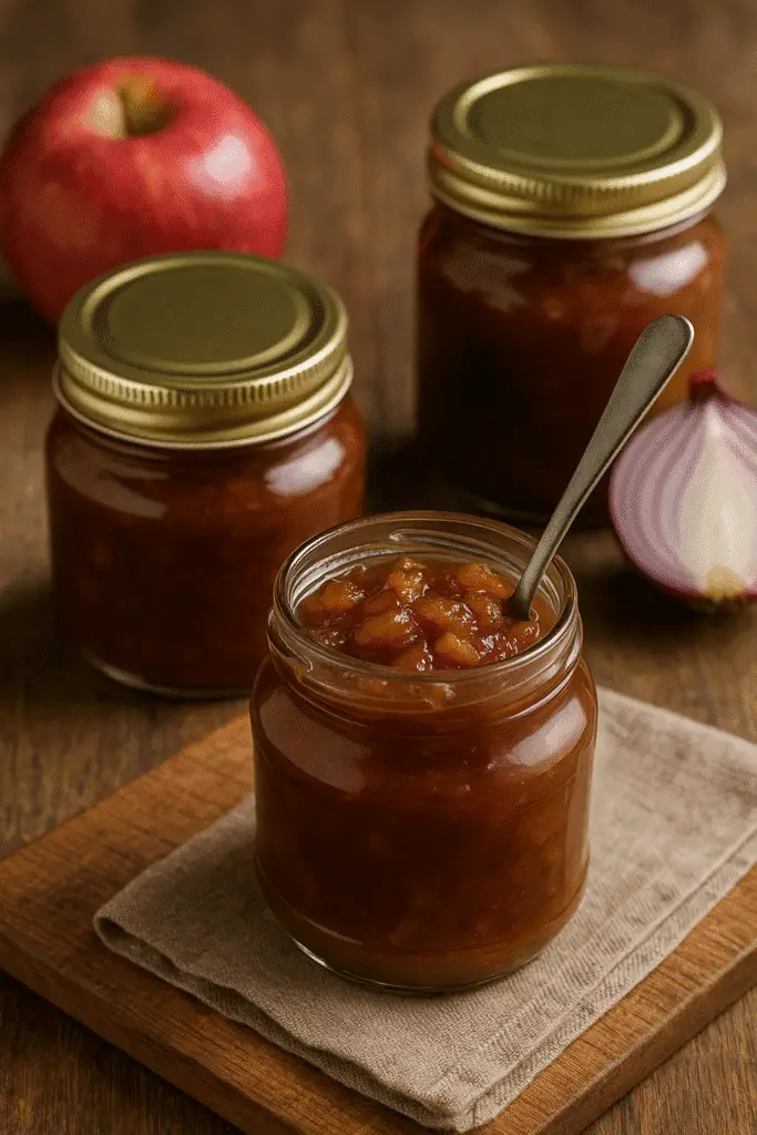 Salsa di Mele e Cipolle: Ricetta Facile e Abbinamenti 1 Tre vasetti di salsa di mele e cipolle su un tagliere di legno, uno aperto con il cucchiaio, gli altri chiusi con tappo dorato