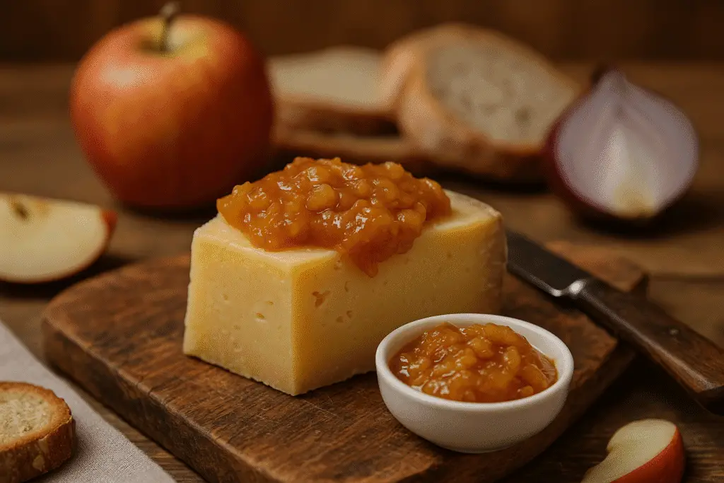 Salsa di Mele e Cipolle: Ricetta Facile e Abbinamenti 2 salsa di mele e cipolla su fetta di formaggio