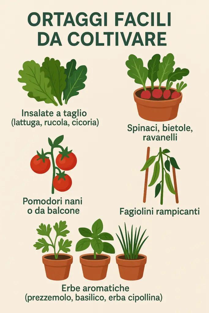 Creare un Orto Facile: Tutti i Consigli per Partire da Zero 2 Illustrazione colorata con cinque ortaggi facili da coltivare anche per chi inizia: insalate a taglio, spinaci, bietole, ravanelli, pomodori nani, fagiolini rampicanti ed erbe aromatiche, tutti disegnati con vasi, tutori e dettagli che richiamano la coltivazione casalinga.