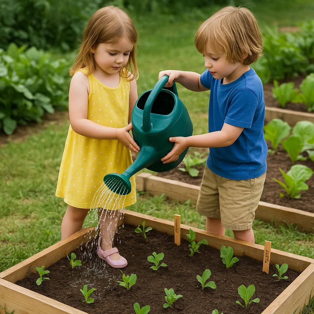 Giardino a Misura di Bambino: Idee Sicure e Creative 5 Bambini che innaffiano le piantine del loro orto didattico con un annaffiatoio leggero in una aiuola rialzata