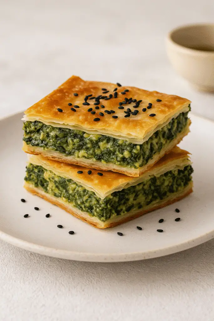 Borek Turco di Verdure: Ricetta Facile, Varianti e Consigli 4 ue quadrotti di borek di verdure sovrapposti su piatto chiaro, superficie dorata decorata con semi neri di sesamo, ripieno verde cremoso