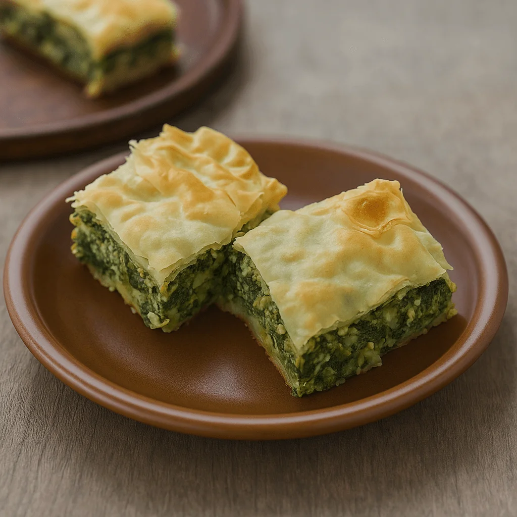 Borek Turco di Verdure: Ricetta Facile, Varianti e Consigli 5 Due quadrotti di borek di verdure con ripieno di spinaci e formaggio