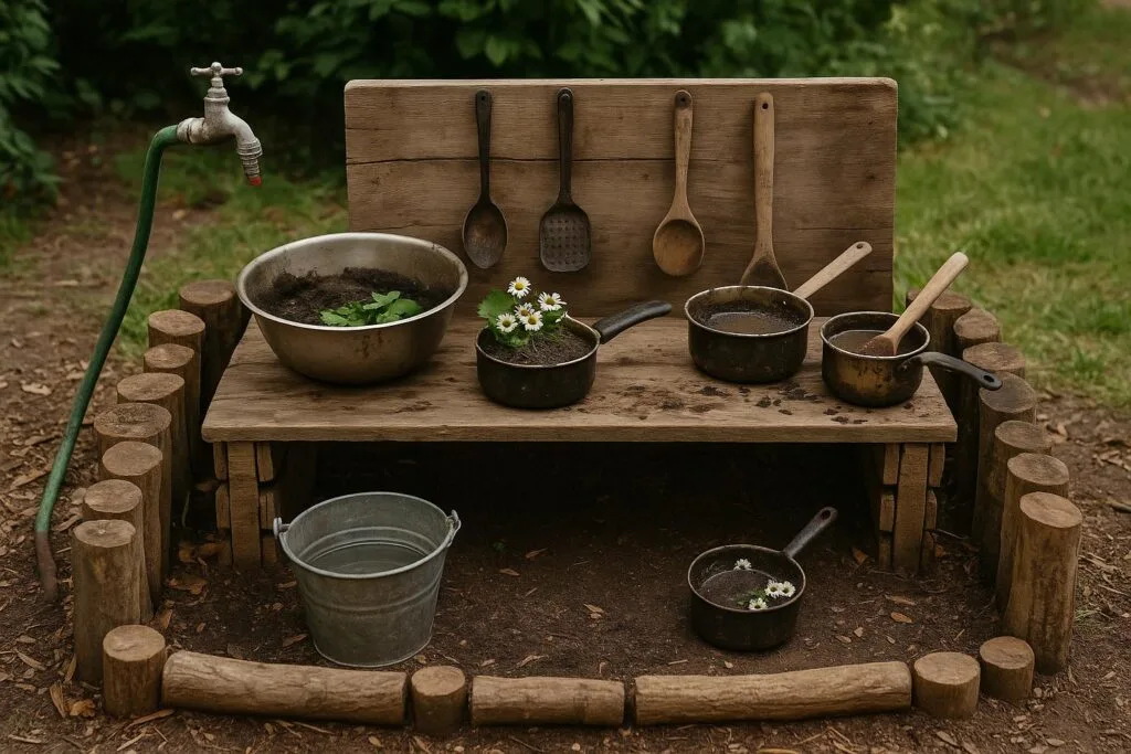 Giardino a Misura di Bambino: Idee Sicure e Creative 3 Angolo gioco all’aperto con cucina di fango fatta con assi, pentole usate e utensili in legno, circondata da terra, fiori e materiali naturali