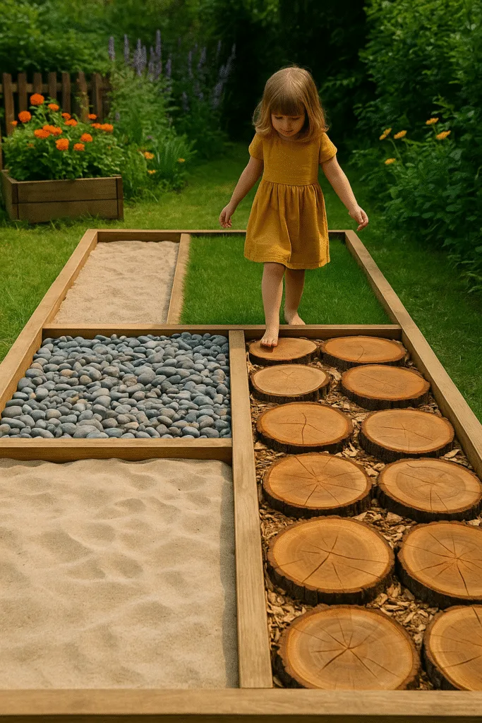 Giardino a Misura di Bambino: Idee Sicure e Creative 1 bambina a piedi nudi su percorso sensoriale con sabbia, ghiaia ed erba in giardino