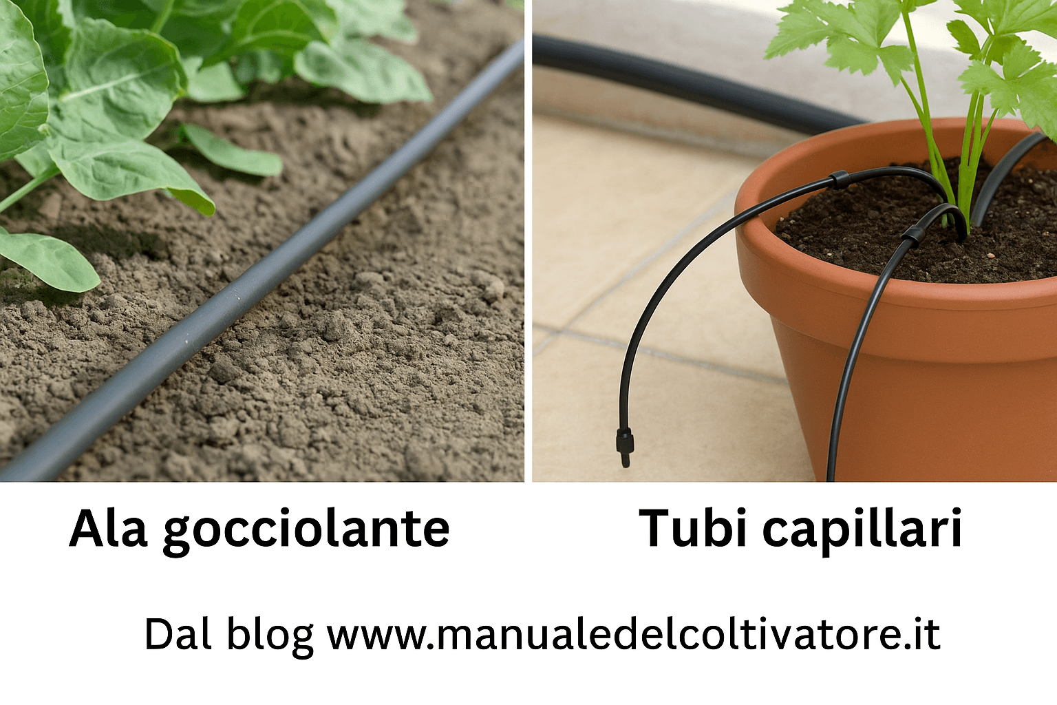 💧Irrigazione a Goccia: Funzionamento, Costi e Installazione 2 Collage con ala gocciolante stesa su terreno tra piante nell’orto e tubi capillari collegati a vaso su balcone, a confronto visivo per spiegare le differenze tra i due sistemi di irrigazione a goccia.