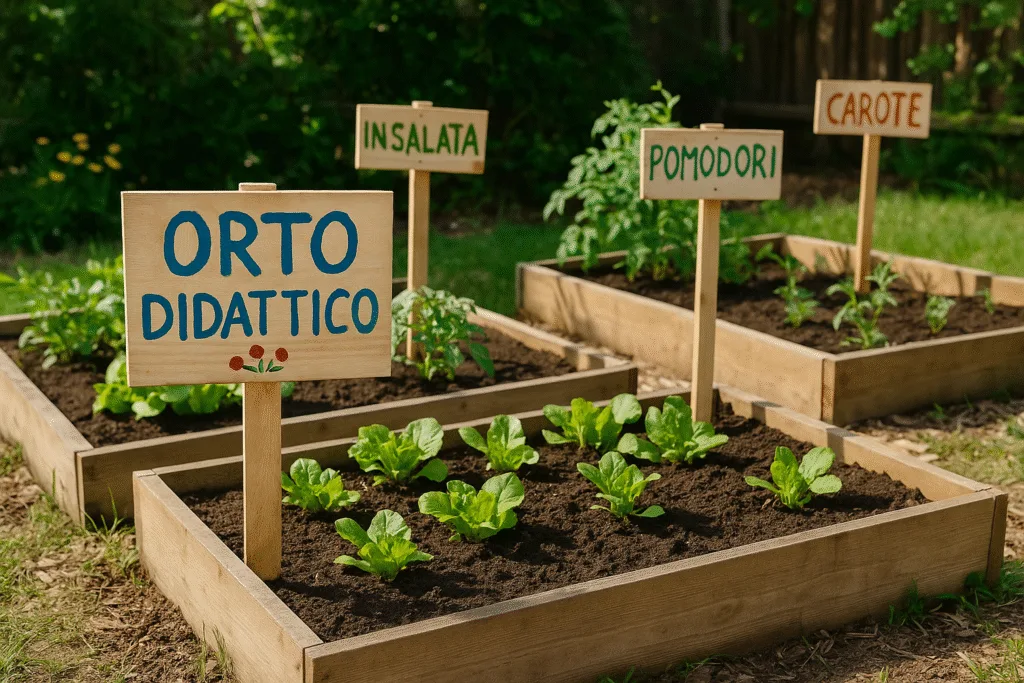 Giardino a Misura di Bambino: Idee Sicure e Creative 2 Orto didattico per bambini con aiuole rialzate, cartelli scritti a mano e ortaggi facili da coltivare