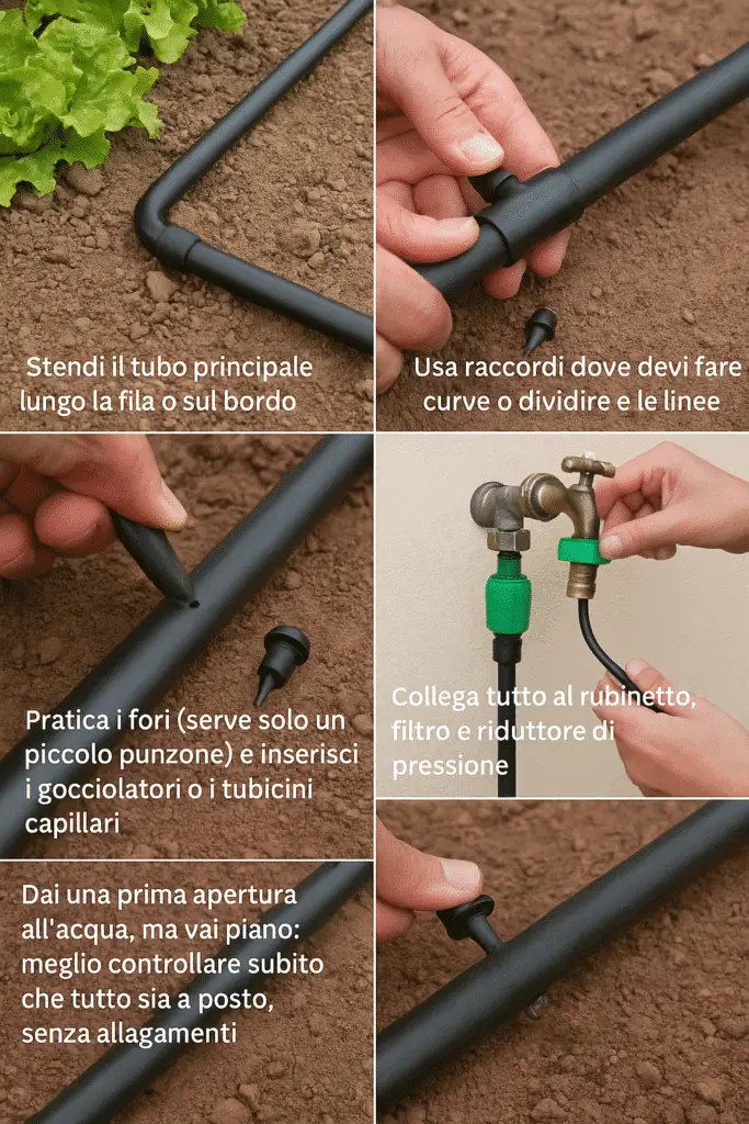 💧Irrigazione a Goccia: Funzionamento, Costi e Installazione 3 Collage fotografico che mostra le cinque fasi pratiche per montare un impianto di irrigazione a goccia: stendere il tubo principale lungo la fila, usare i raccordi per le curve, praticare i fori e inserire i gocciolatori, collegare al rubinetto con filtro e riduttore di pressione, e testare l’impianto aprendo l’acqua con attenzione per verificare che tutto funzioni senza allagamenti.