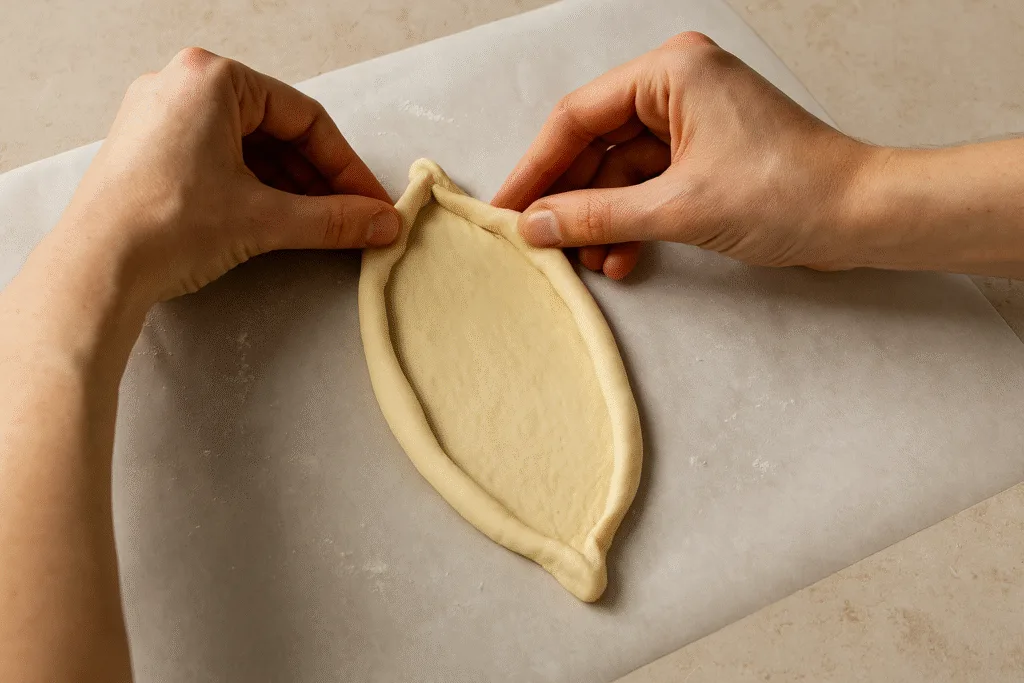 Pide Turca con Peperoni e Pomodori: Ricetta E Varianti 2 Due mani modellano la base della pide su carta forno, mostrando come formare la tipica forma a barchetta prima di farcire.