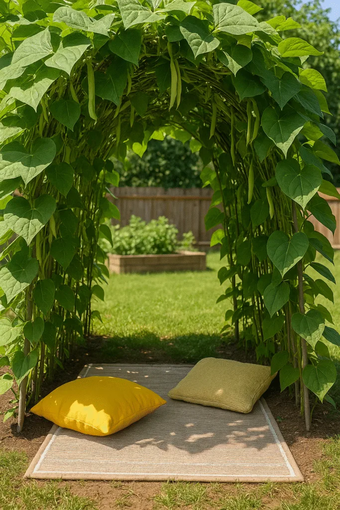 Giardino a Misura di Bambino: Idee Sicure e Creative 6 Struttura con fagiolini rampicanti che crea ombra naturale su zona relax per bambini in giardino