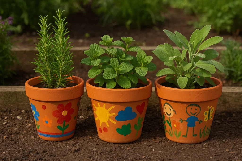 Giardino a Misura di Bambino: Idee Sicure e Creative 4 Vasi decorati dai bambini con disegni colorati e piante aromatiche coltivate nel giardino educativo