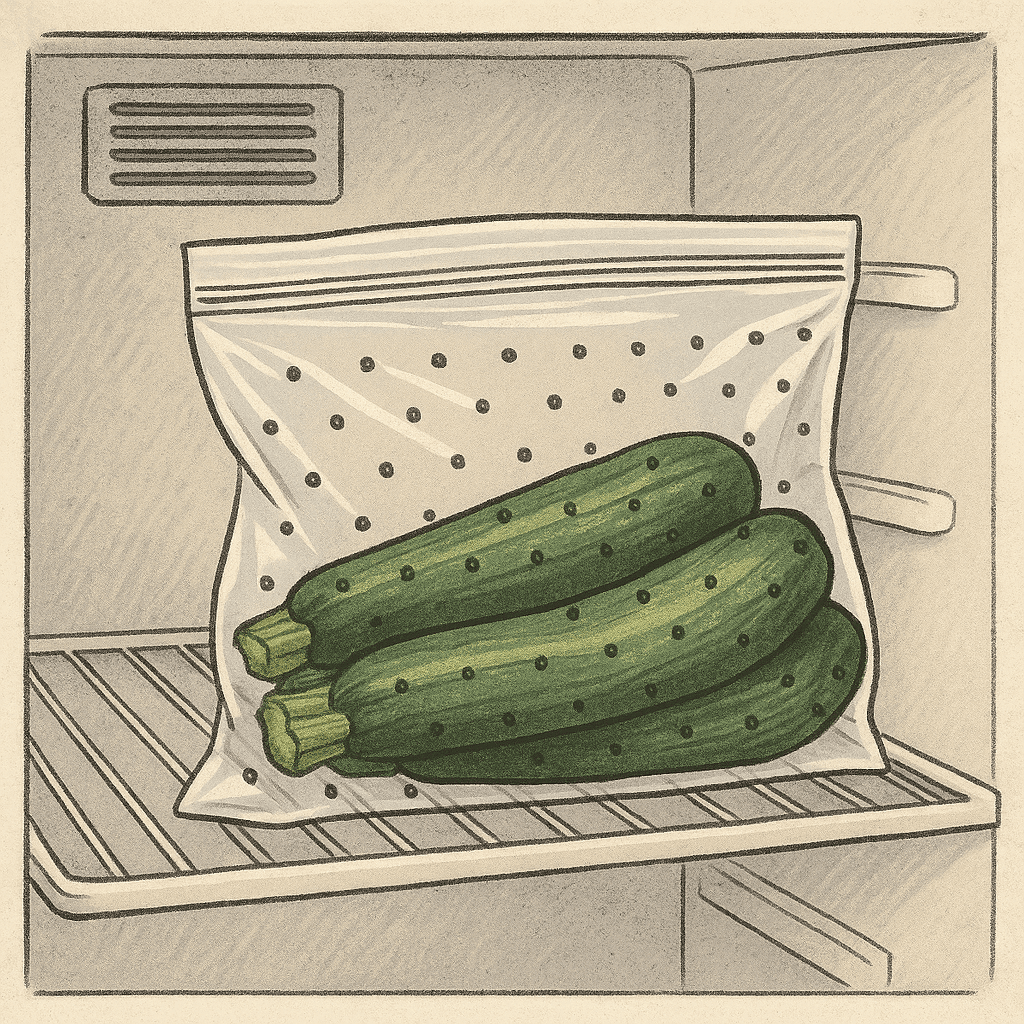 Come Capire se le Zucchine Sono Andate a Male 2 Zucchine conservate in frigorifero, riposte dentro buste di plastica chiuse ermeticamente e buste traforate