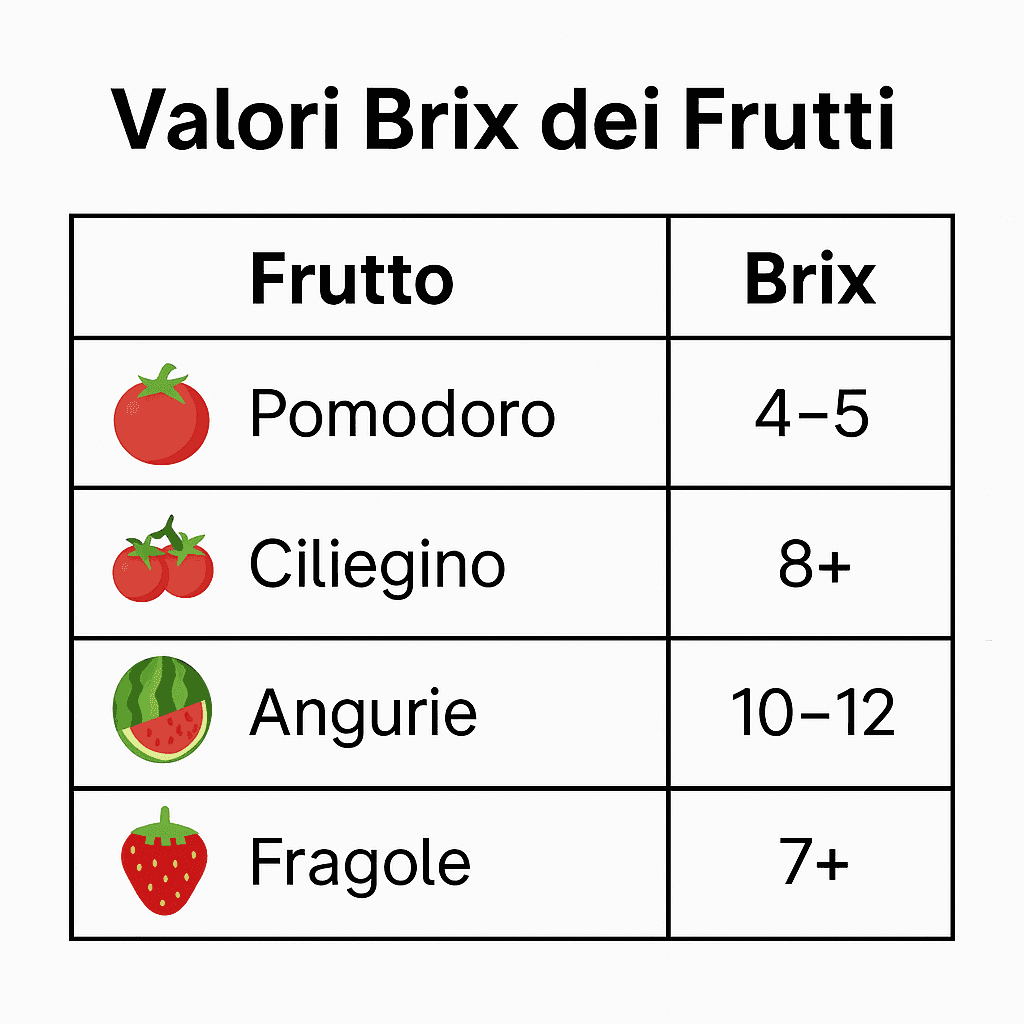 Frutti Maturi Ma Non Dolci: Cause E Soluzioni 7 Tabella chiara con i valori Brix minimi consigliati per pomodori, ciliegini, angurie e fragole, utile per capire quando i frutti sono davvero dolci