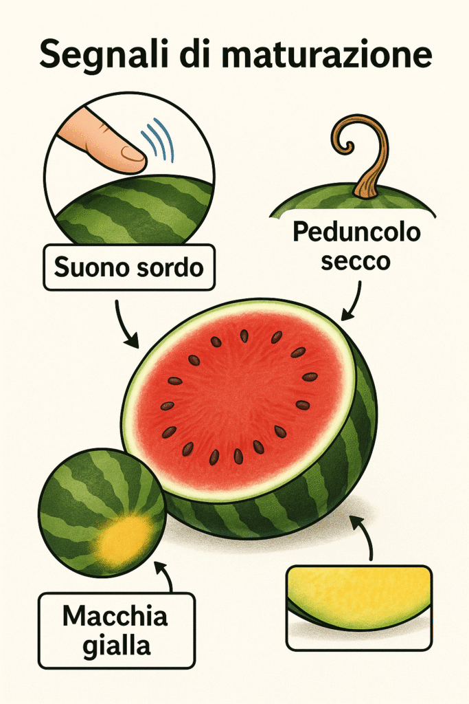 Frutti Maturi Ma Non Dolci: Cause E Soluzioni 5 Illustrazione didattica che mostra come riconoscere la maturazione di angurie e meloni: suono sordo, macchia gialla, peduncolo secco.